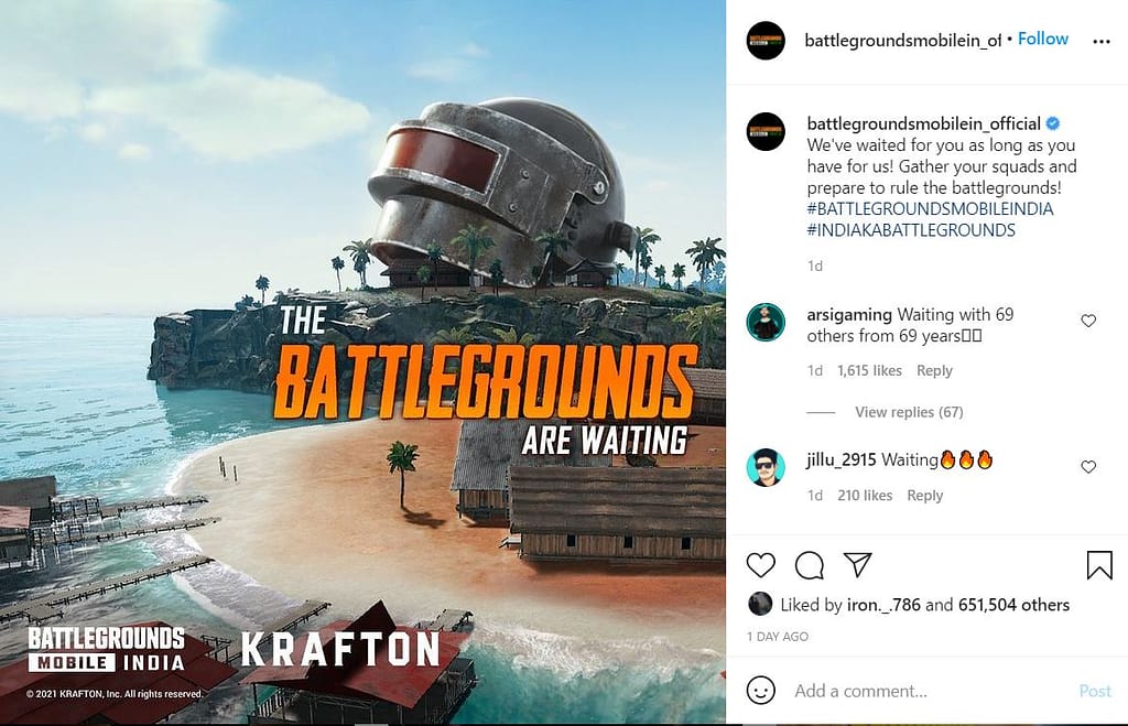 Battlegrounds Mobile India Official Insta Post
