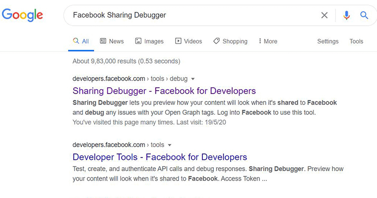 Google search result facebook debugger tool