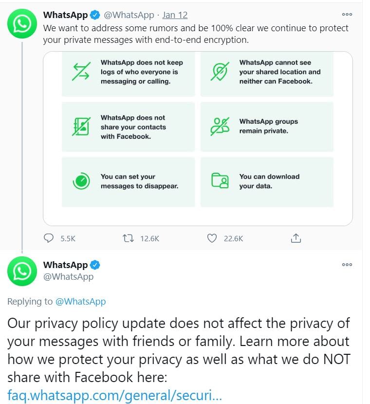 WhatsApp Privacy Policy Changes Tweet