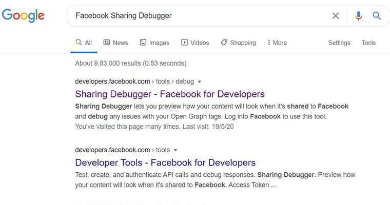 Google search result facebook debugger tool